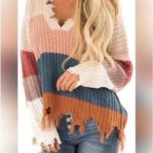 MIRACLE USA Chunky GREEN/BROWN/BEIGE STRIPED V-Neck RAW HEM Knit Sweater